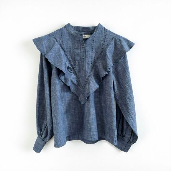 Joie Rivoire NWT Blue Chambray Ruffle Puff Sleeve Cotton Blouse Top size Small - Picture 1 of 16